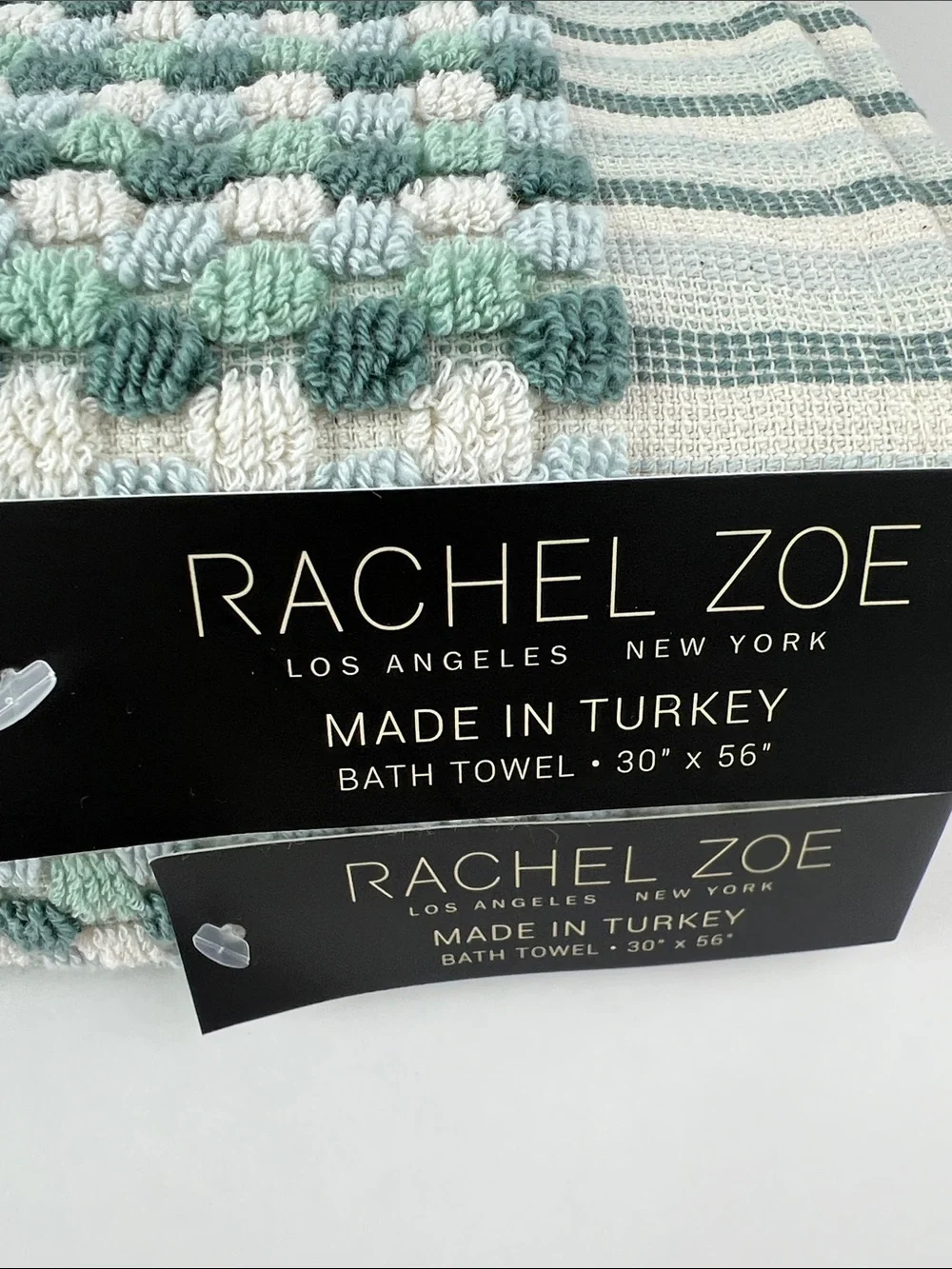Rachel Zoe Bath Towels Sage Tan Blue Dots Waffle Weave Soft Cotton 2 Pc NEW